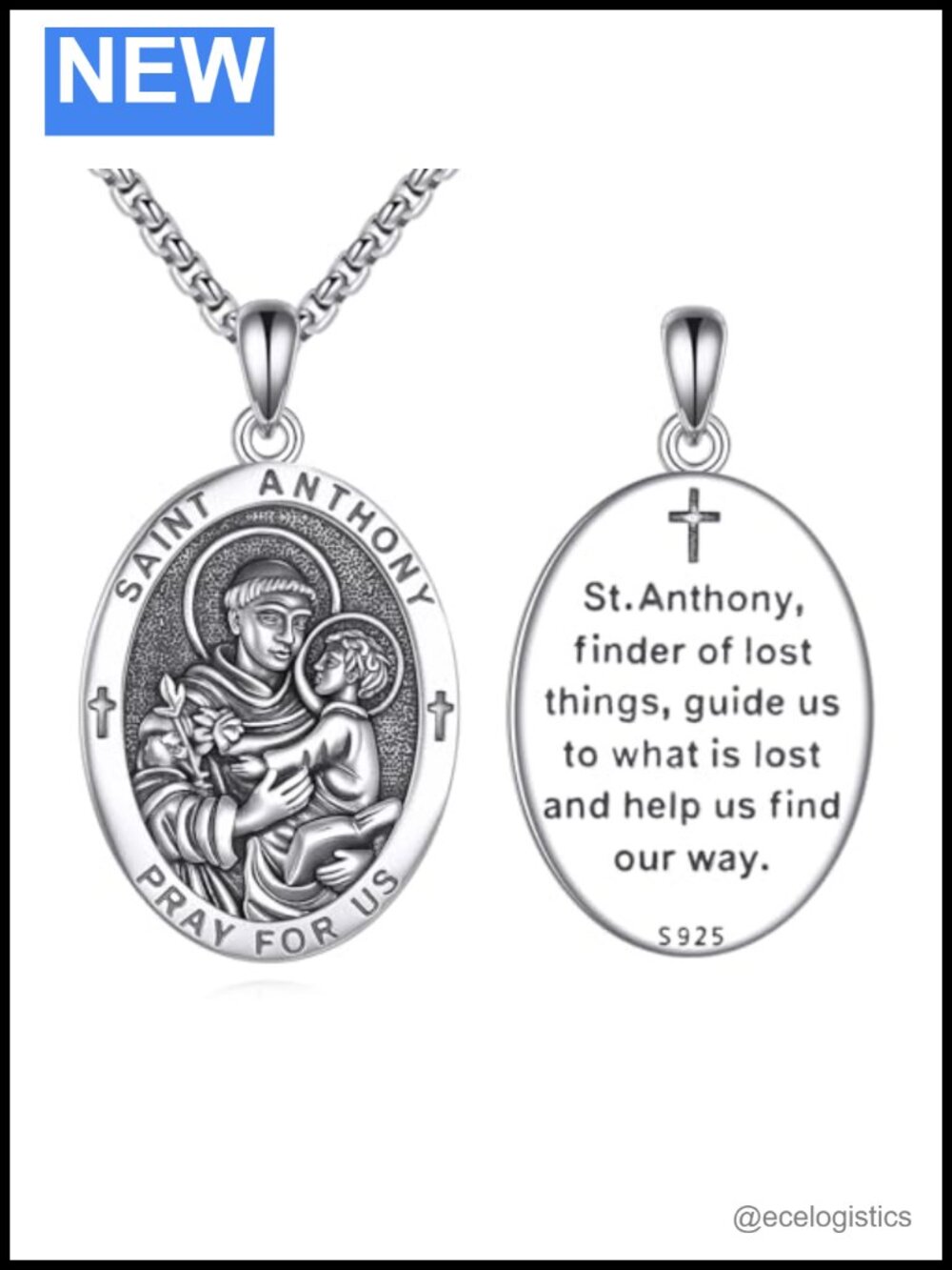 Saint Anthony Necklace 925 Sterling Silver Medal Pendant Steel Chain